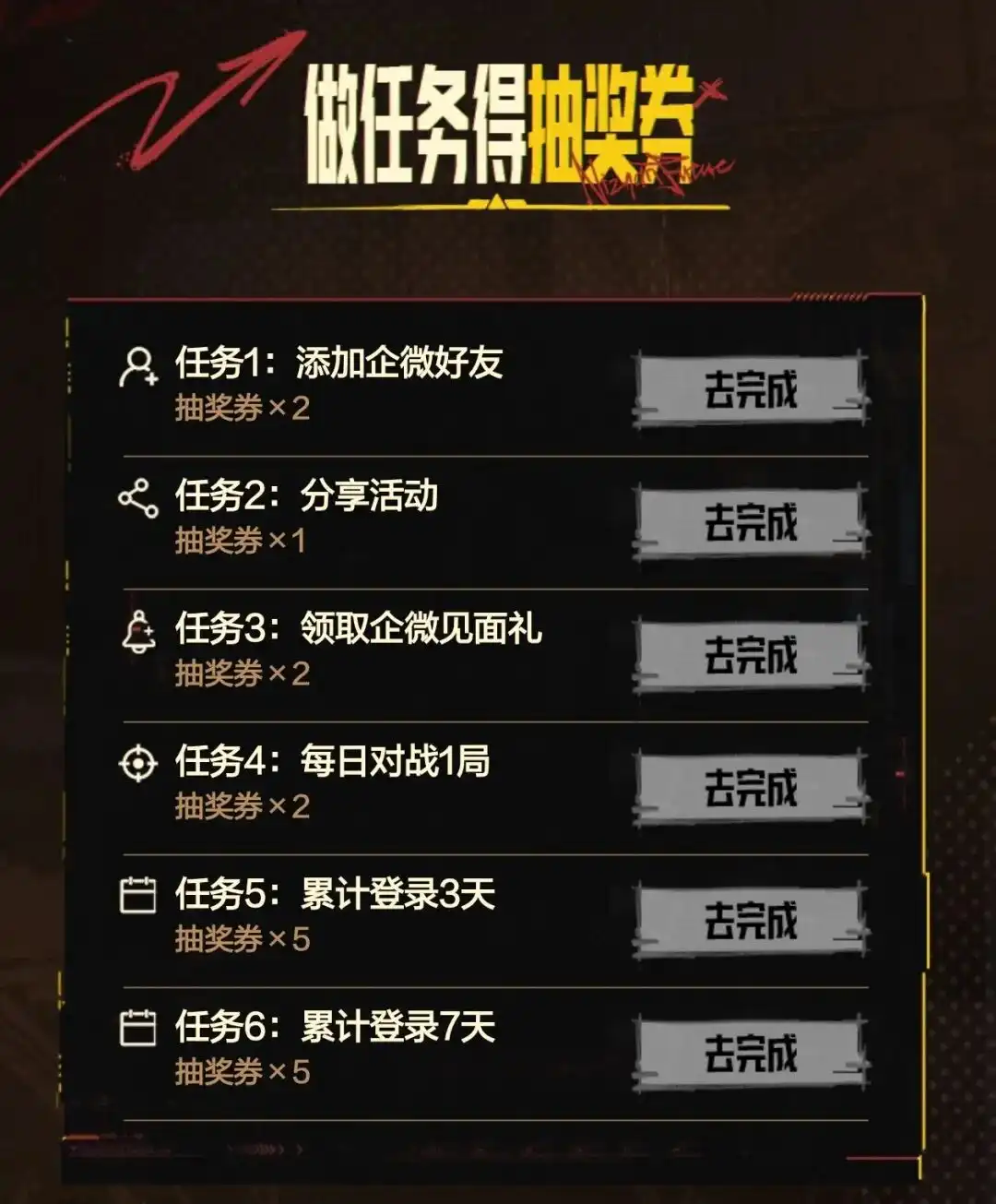 做任务得抽奖券任务列表